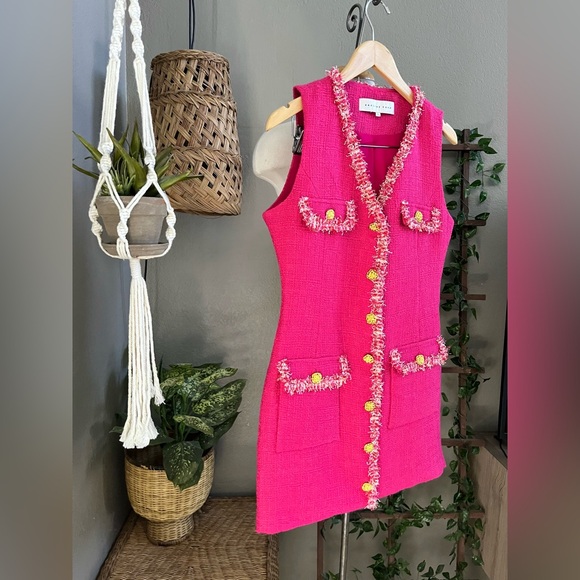 Endless Rose Tweed Trim Button Down Sleeveless Mini Dress Double Breasted L - Picture 11 of 16